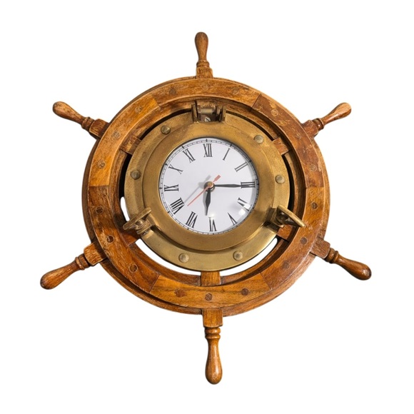 Vintage Large Wooden/brass Ships Wheel Quartz Wall Clock Nautical - Picture 1 of 11